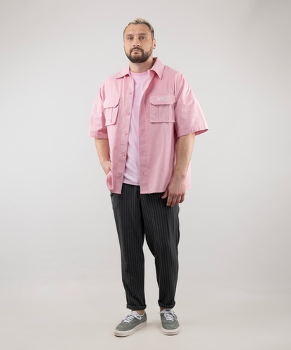 Комплект Сорочка з коротким рукавом (рожевий), Футболка базова (рожевий) та Кроп штани у смужку (сірий/білий), S