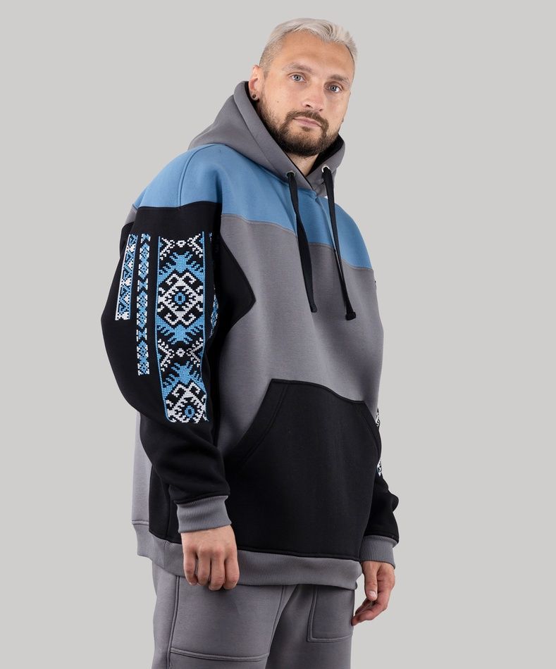 Худі "Етно" з вишивкою, утеплена, (сірий/чорний/блакитний), L