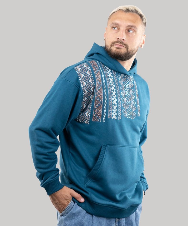 Худі "Вишиванка" з вишивкою, неутеплена, унісекс, (лазурний), S