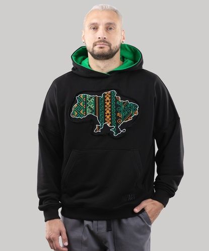 Худі "Мапа" з вишивкою, неутеплена, (чорний/зелений), S