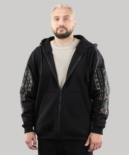 Худі "Етно" на блискавці, з вишивкою, утеплена, (чорний/смарагдовий), S