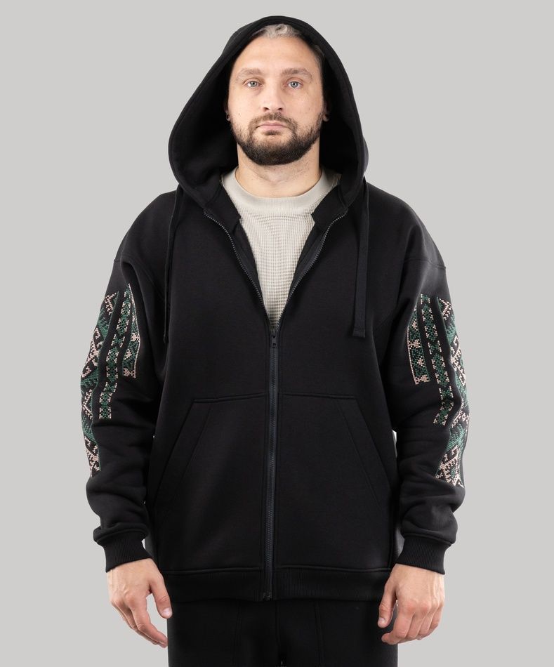 Худі "Етно" на блискавці, з вишивкою, утеплена, (чорний/смарагдовий), S