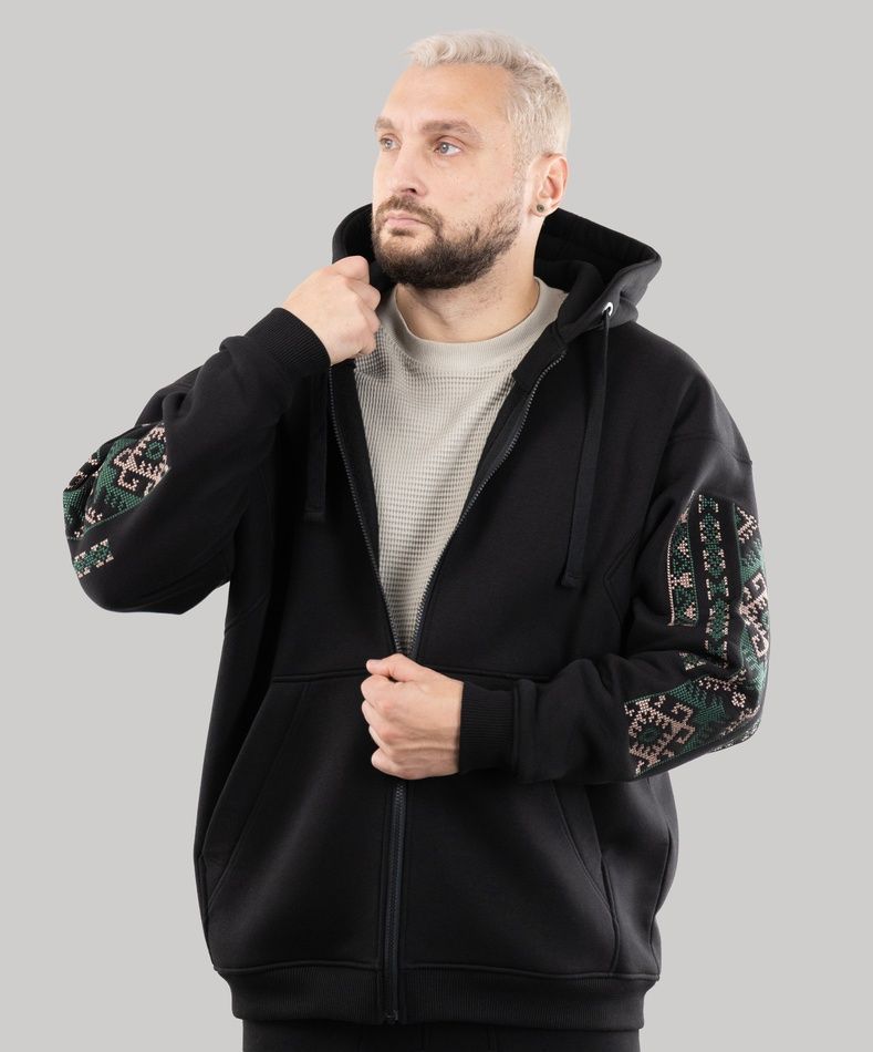 Худі "Етно" на блискавці, з вишивкою, утеплена, (чорний/смарагдовий), S