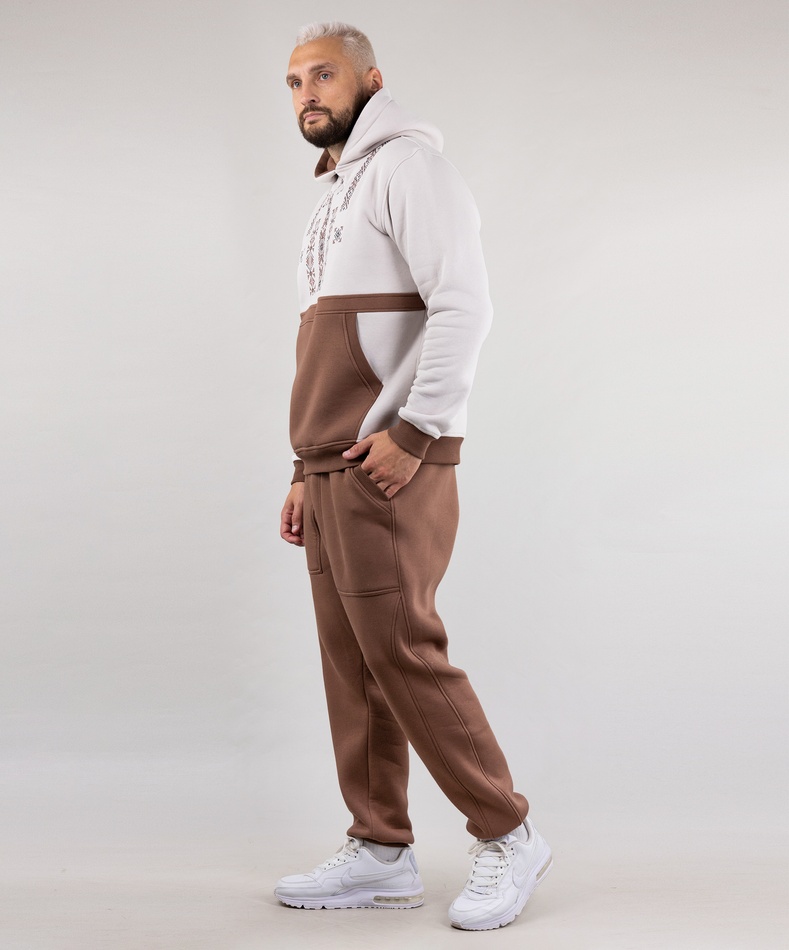 Костюм худі "Фольк" (пудровий/коричневий) та спортивні штани (коричневий), S
