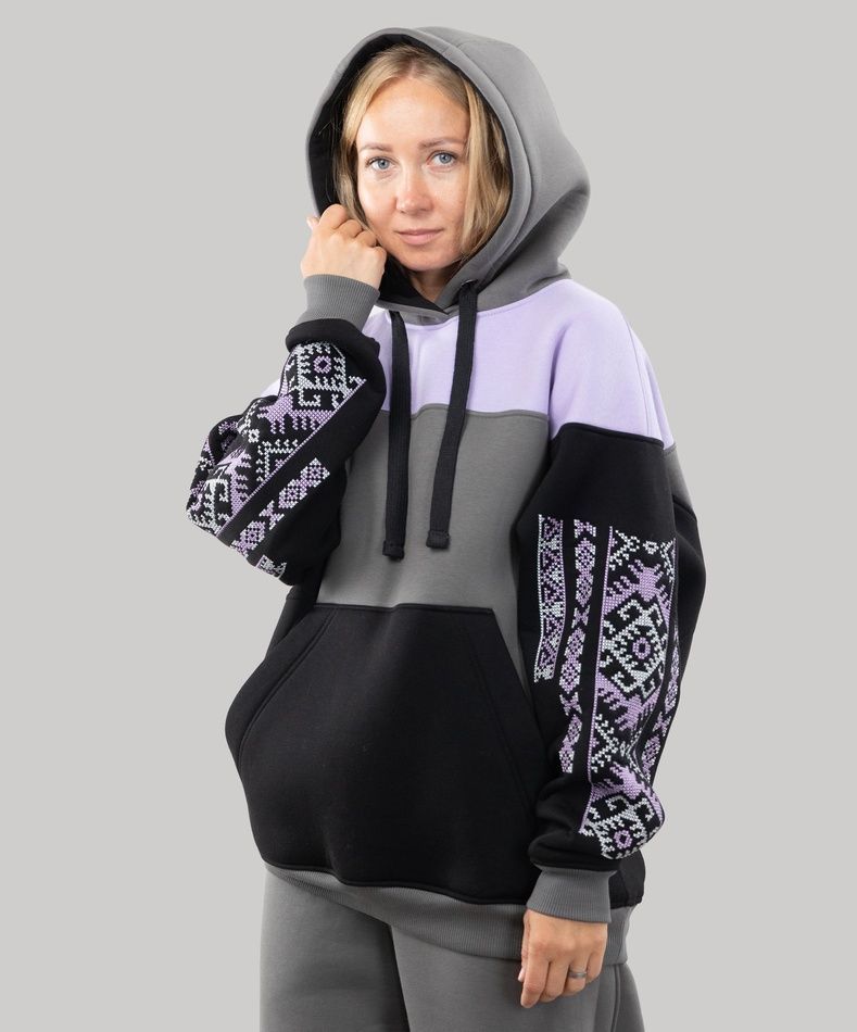 Худі "Етно" з вишивкою, утеплена, унісекс, (бузковий/сірий/чорний), S